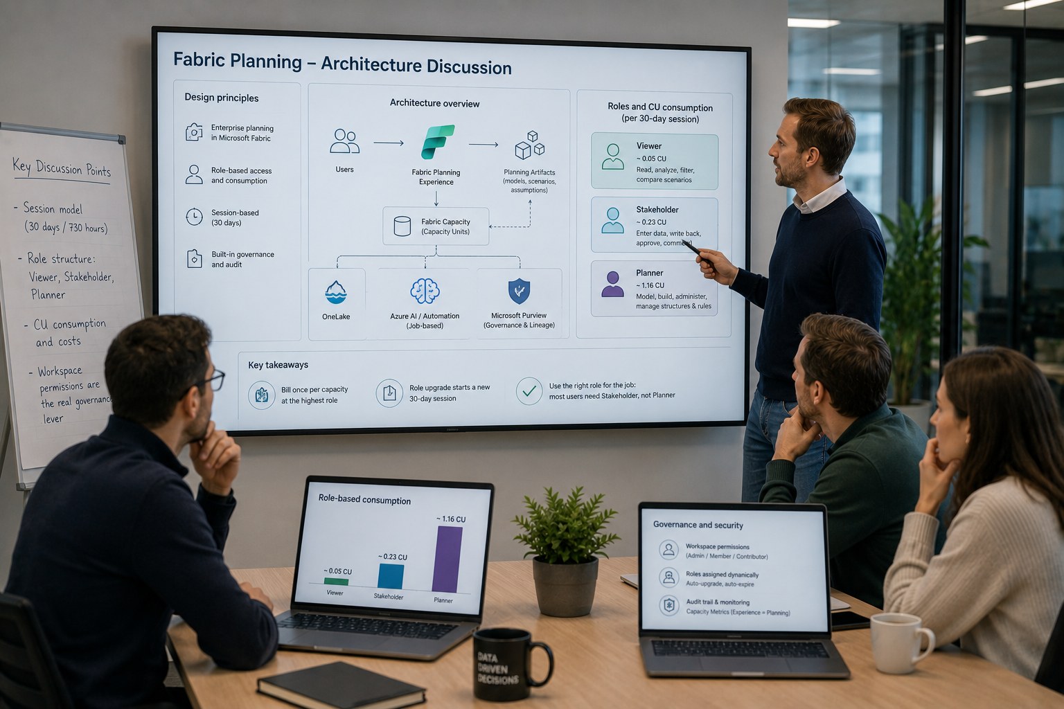 Architecture team discusses the Plan session model, role structure and CU consumption on a large screen