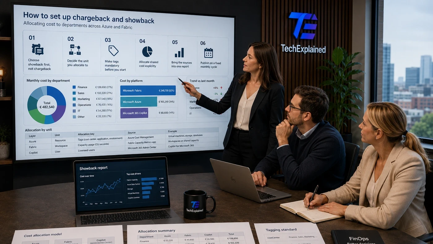 Architect presents chargeback and showback reporting to the team, with cost per department and per platform on the screen