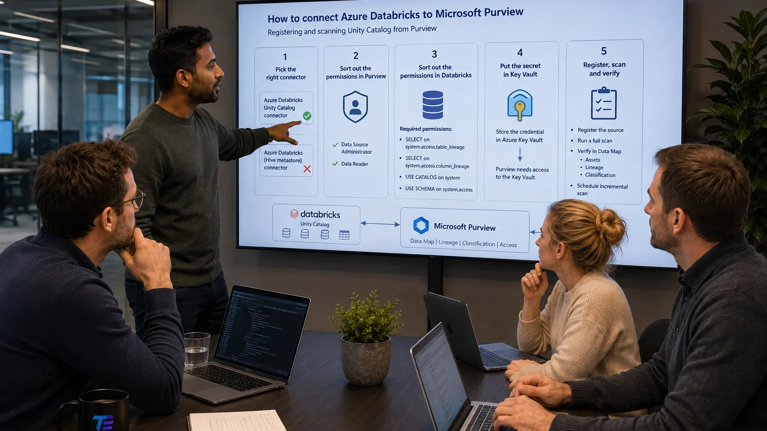 Architect walking a team through the five steps to connect Azure Databricks to Microsoft Purview, with the connector choice, the system table permissions and Key Vault on screen