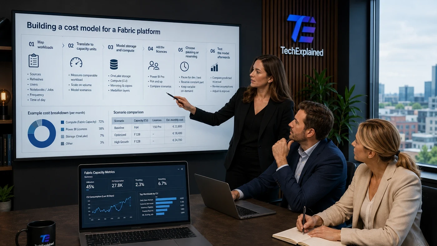 Architect presents a cost model for a Fabric platform to the team, with workloads, capacity units and scenario comparison on the screen