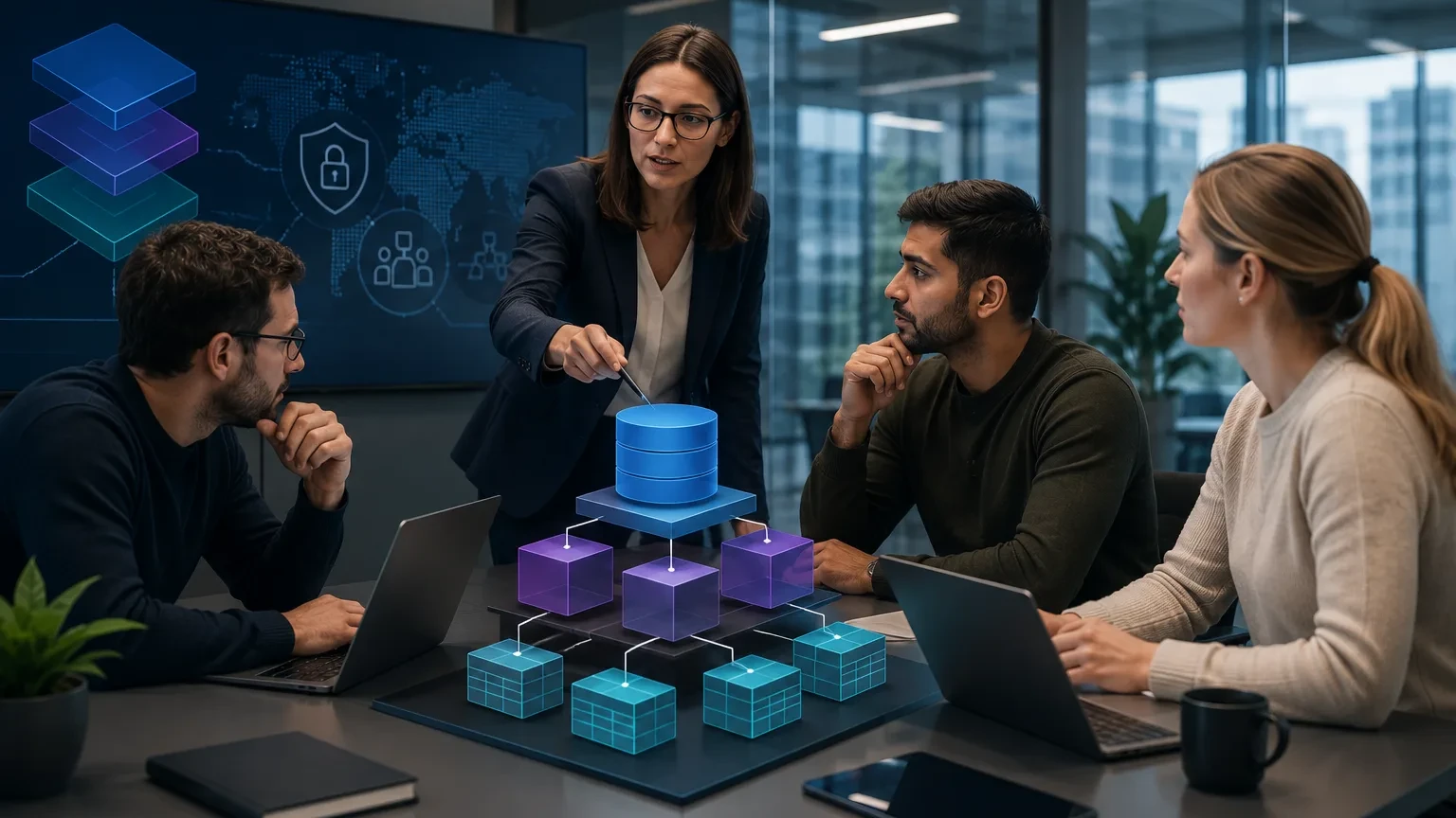 Architect walks a team through the shape of Unity Catalog: the metastore on top, catalogs below it and schemas with tables underneath