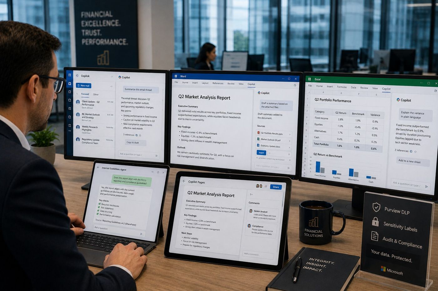 Analyst using Copilot in Outlook, Word and Excel and Copilot Pages for review, with Purview DLP and sensitivity labels