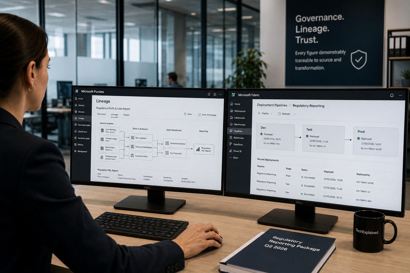 Analyst reviewing Purview lineage and Fabric deployment pipelines for regulatory reporting