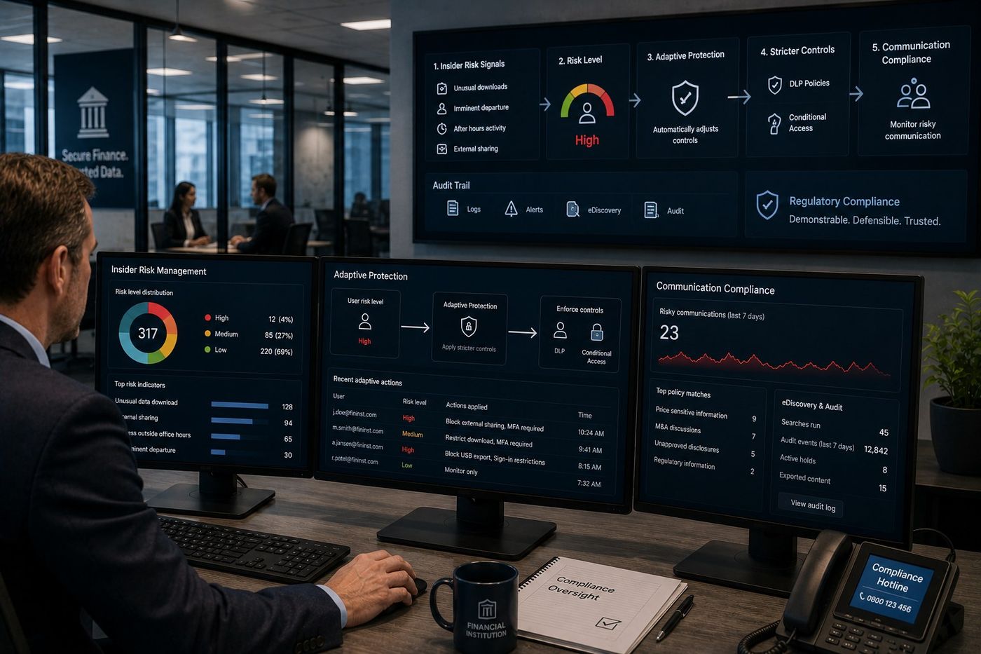 Compliance officer reviewing Insider Risk Management, Adaptive Protection and Communication Compliance in Microsoft Purview