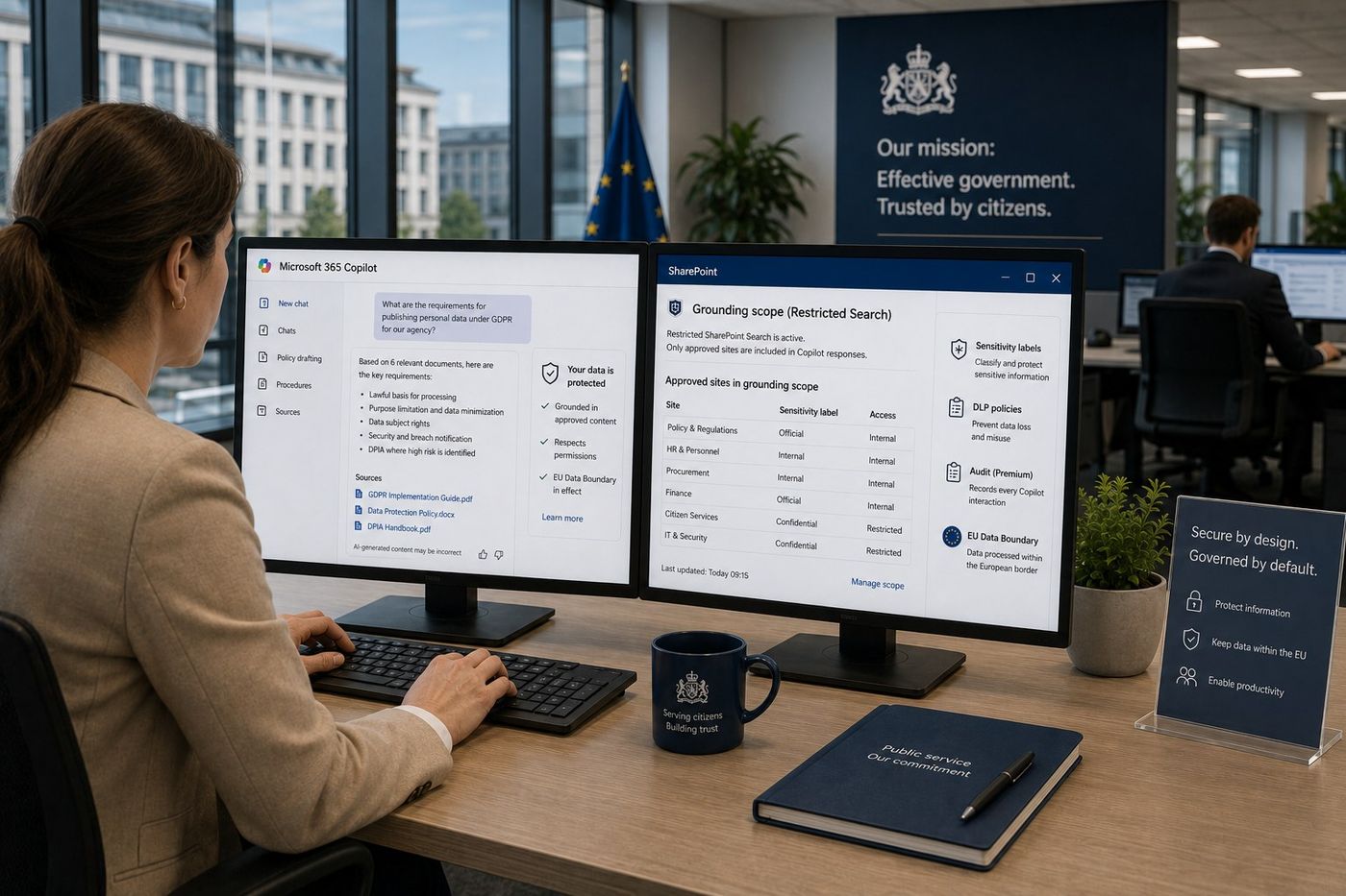 Policy officer using Microsoft 365 Copilot within a defined grounding scope, with Restricted Content Discovery (RCD) and EU Data Boundary