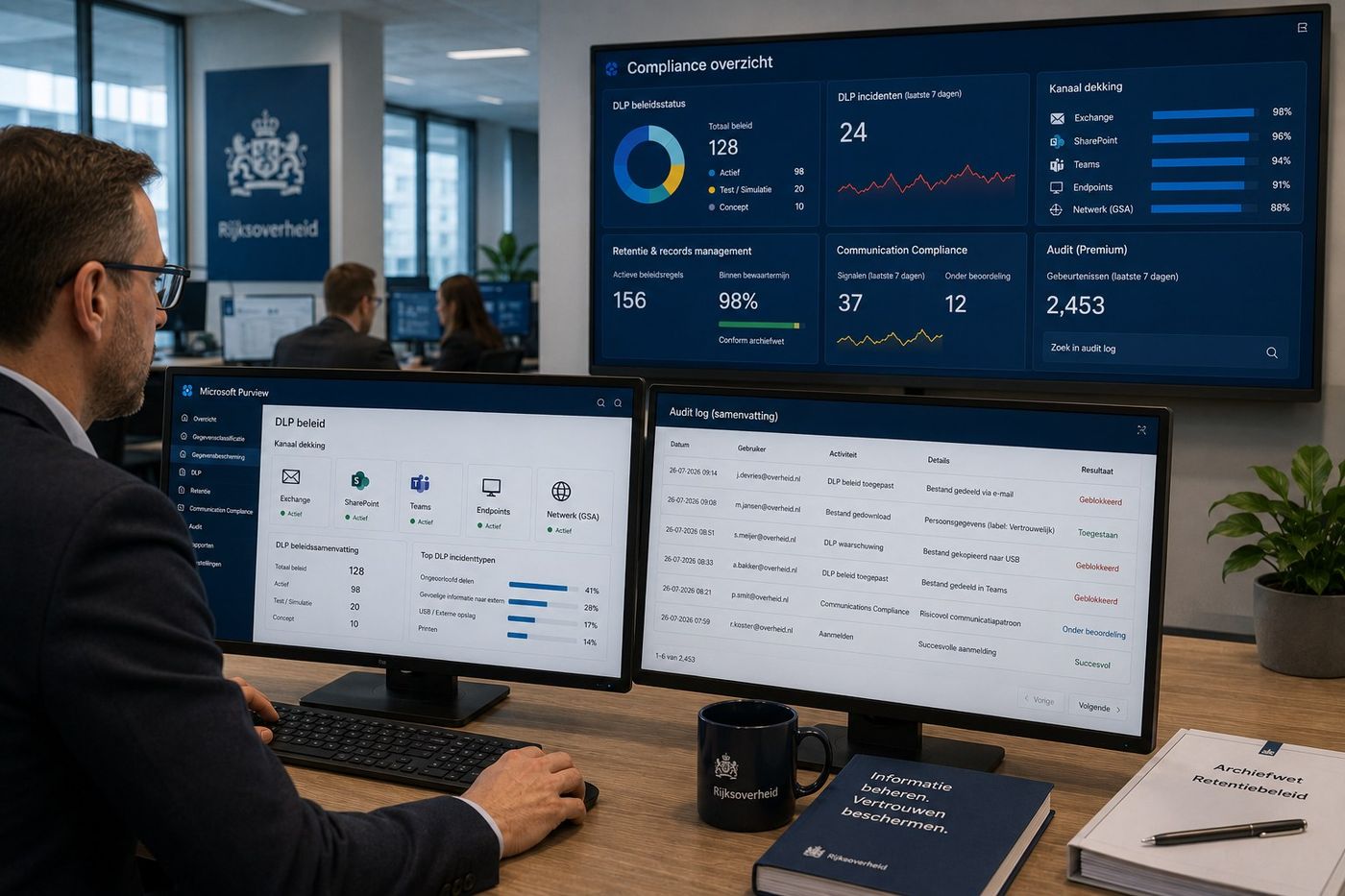 Government employee reviewing DLP policy, channel coverage and the audit log in Microsoft Purview