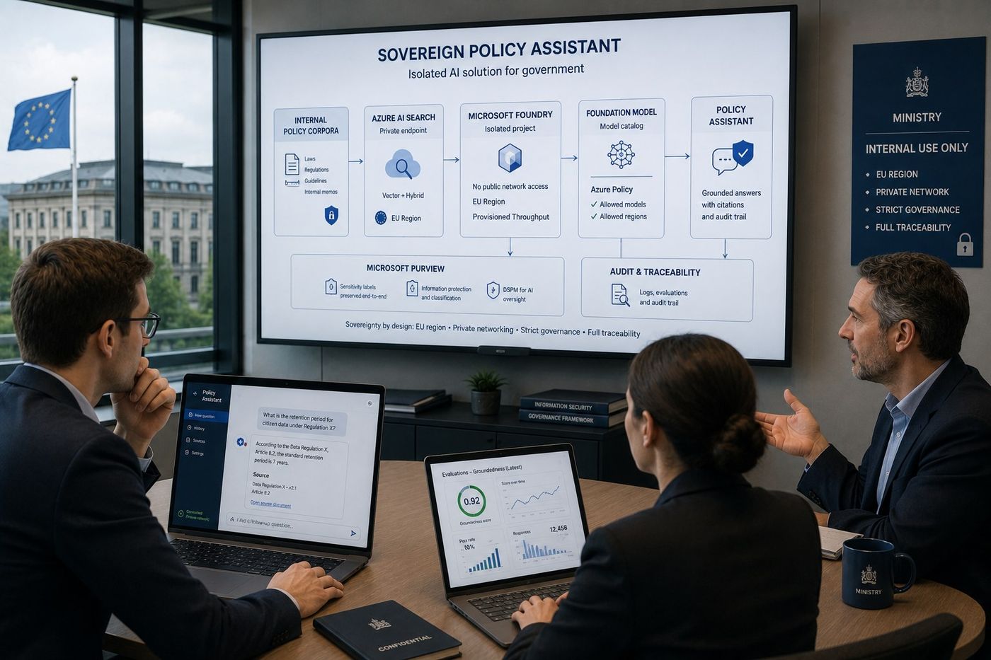 Ministry staff discuss the architecture of the sovereign Policy Assistant, with EU region and audit trail on screen