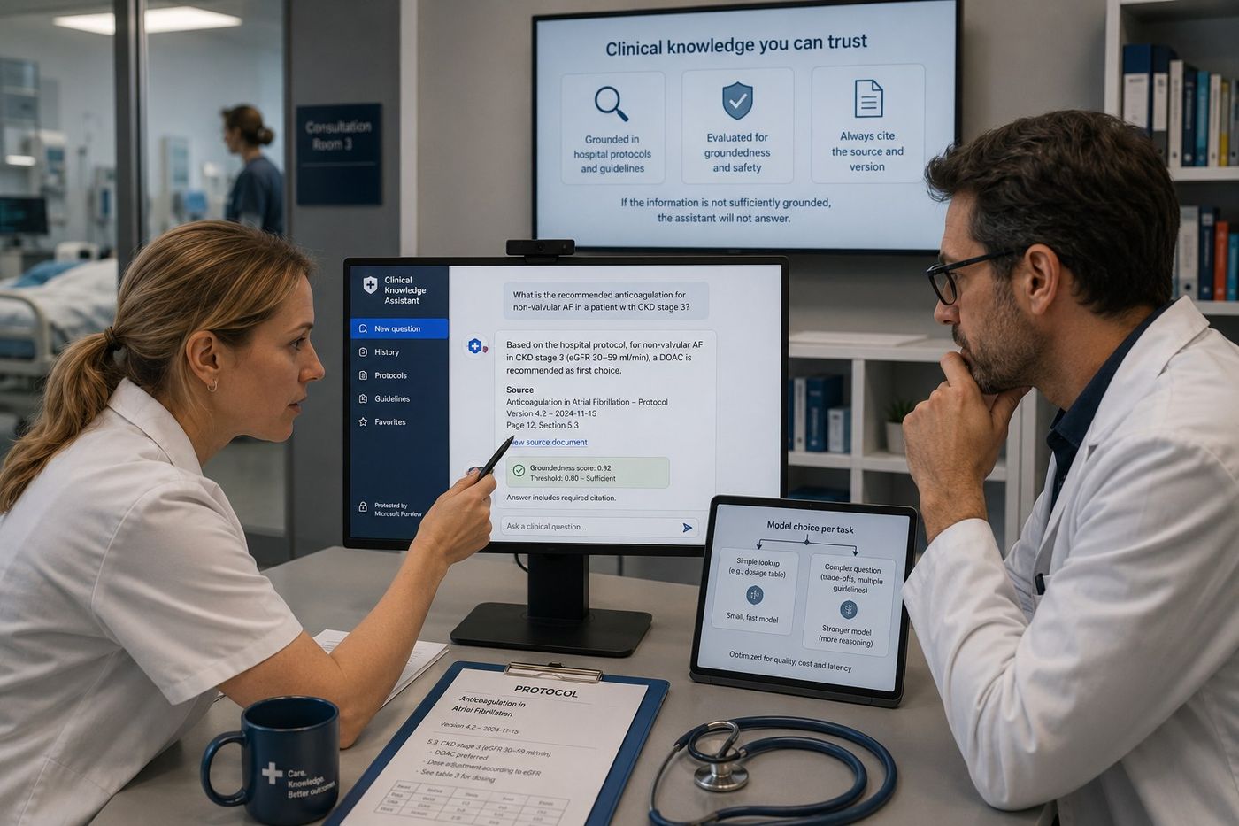 Two doctors consult the Clinical Knowledge Assistant on a screen, with a groundedness score and citation to the protocol