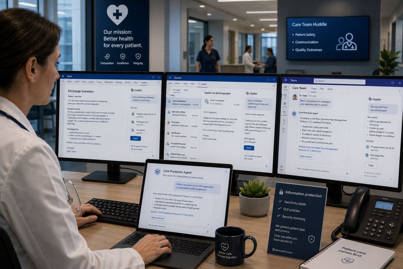 Clinician using Copilot in Word, Outlook and Teams and the Care Protocols Agent for a discharge summary and care protocol