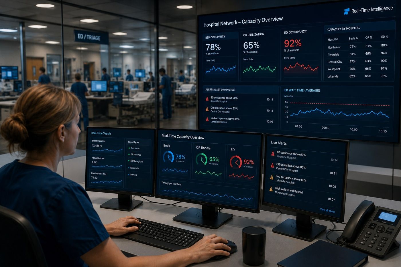 Nurse reviewing a real-time hospital network capacity dashboard