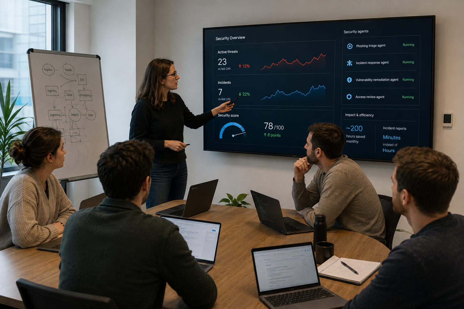 A security team reviews a wall screen showing a Security Copilot overview: active threats, incidents, a security score, four running agents, and around two hundred hours saved per month