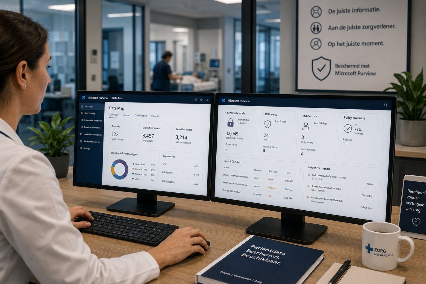Healthcare professional reviewing Data Map classification, DLP alerts and Insider Risk signals in Microsoft Purview