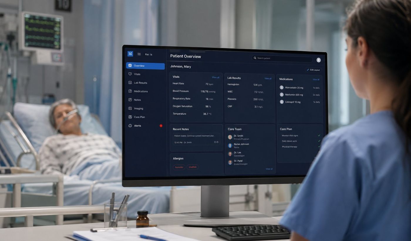 Nurse reviewing a patient overview in a Microsoft Fabric dashboard