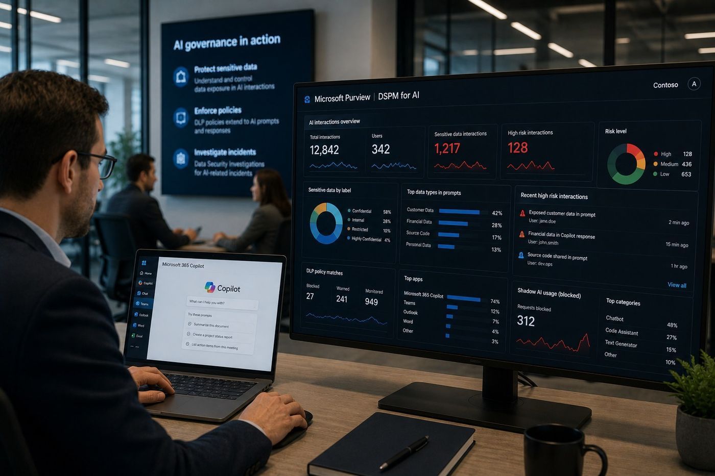 Security architect reviewing a Purview DSPM dashboard with AI interactions and risk levels for a Copilot rollout