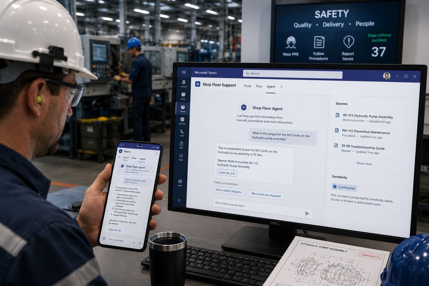 Operator consulting the Shop Floor Agent in Microsoft Teams for a work instruction on the factory floor