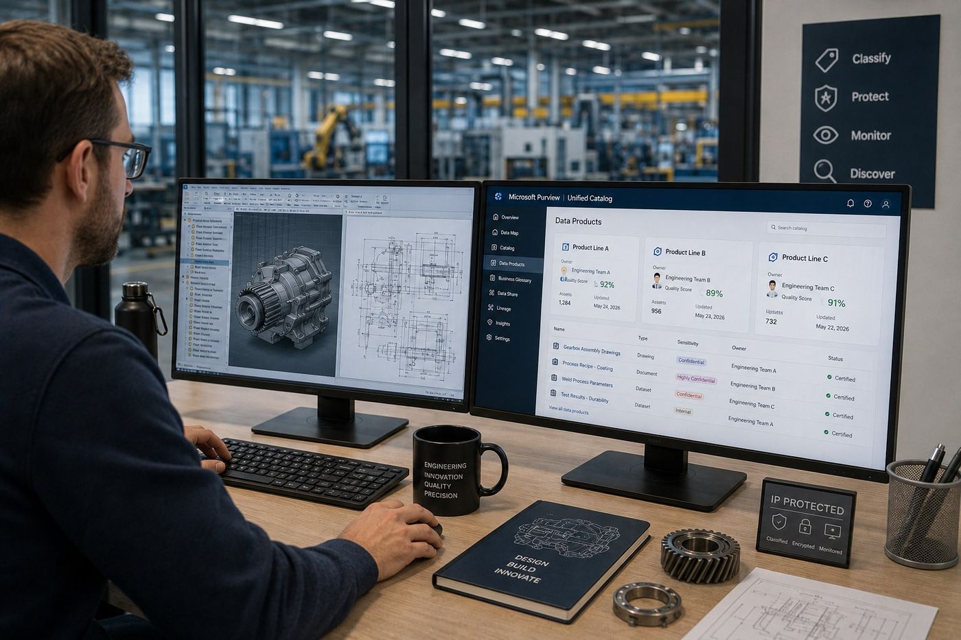 Engineer reviewing classified CAD drawings and Data Products per product line in the Purview Unified Catalog