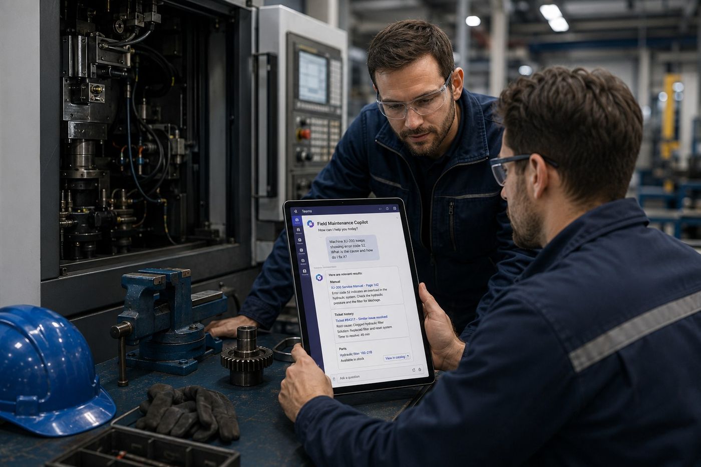 Two technicians review the Field Maintenance Copilot on a tablet next to an open production machine