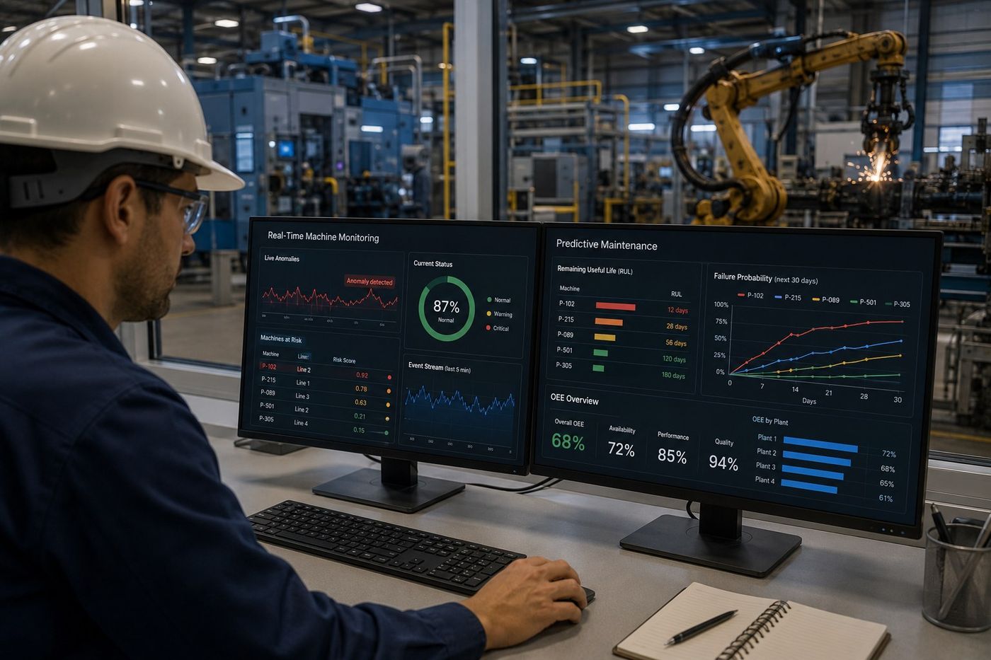 Operator reviewing a predictive maintenance dashboard on the factory floor