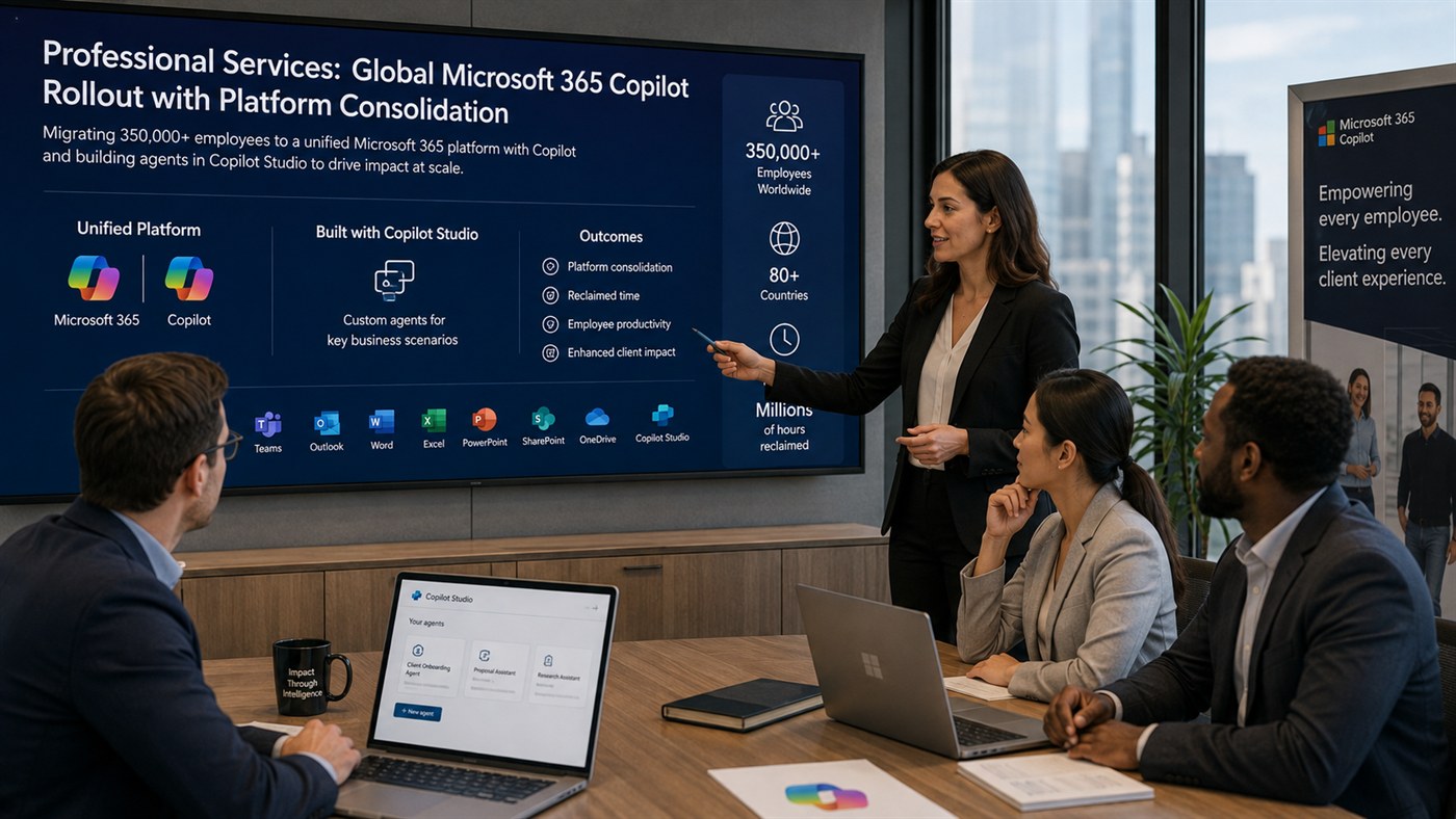 Employee using Microsoft 365 Copilot on a laptop in an international office, with a world map of rollout waves in the background