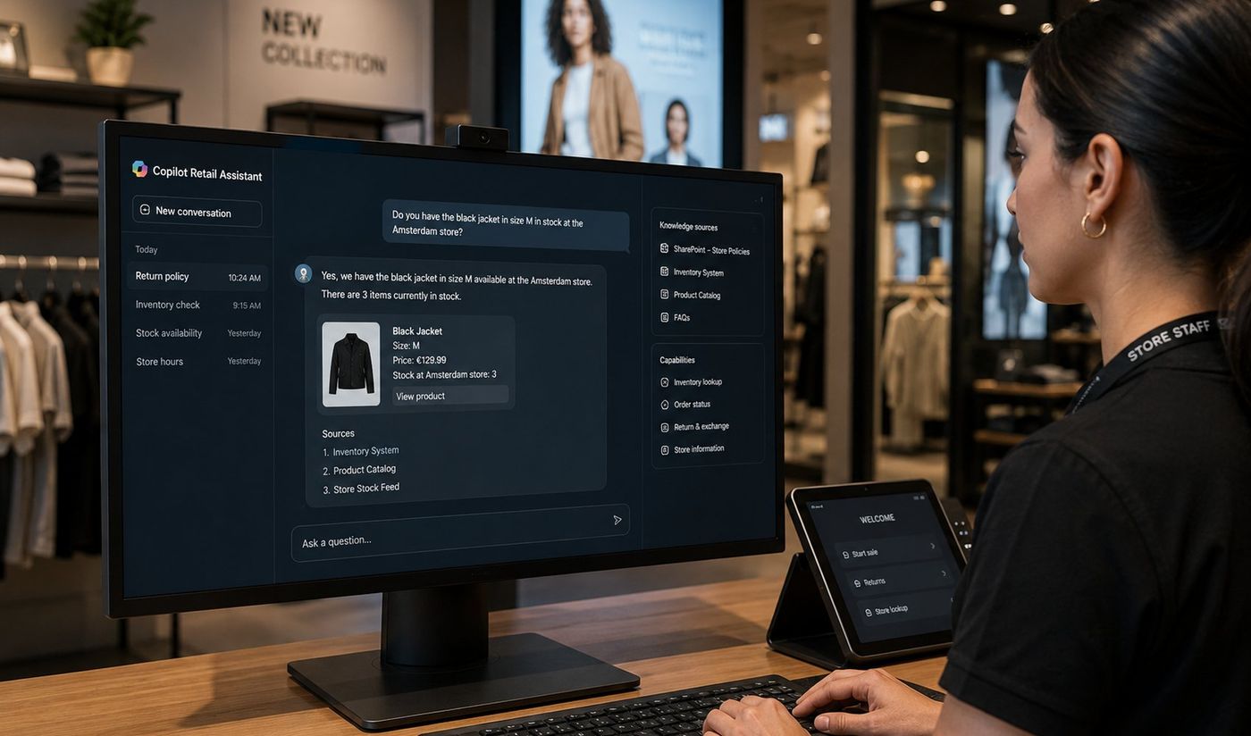 Store associate using a Copilot retail assistant for stock questions