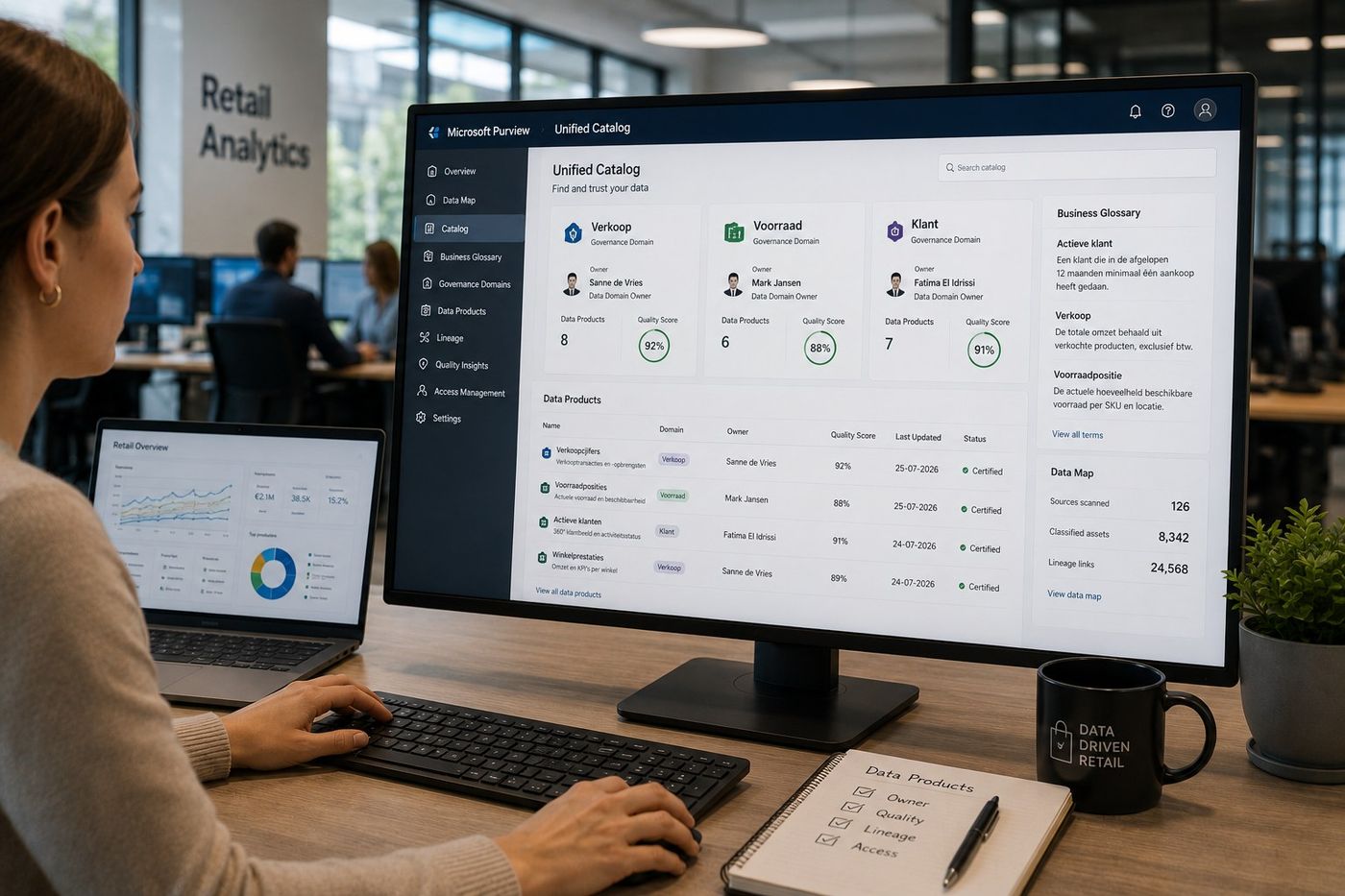 Retail analyst reviewing Governance Domains and Data Products in the Purview Unified Catalog